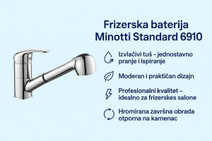 „Frizerska baterija Minotti Standard 6910 – izvlačivi tuš, moderan dizajn, profesionalni kvalitet, otporna na kamenac“.